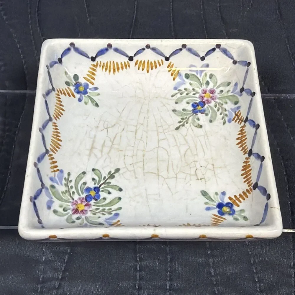Vintage Portugal Hand Painted Floral Square Trinket Dish 4